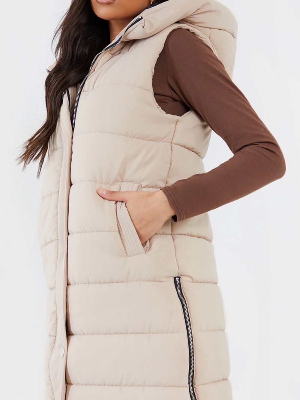 PrettyLittleThing Beige Puffer Hooded Long Gilet